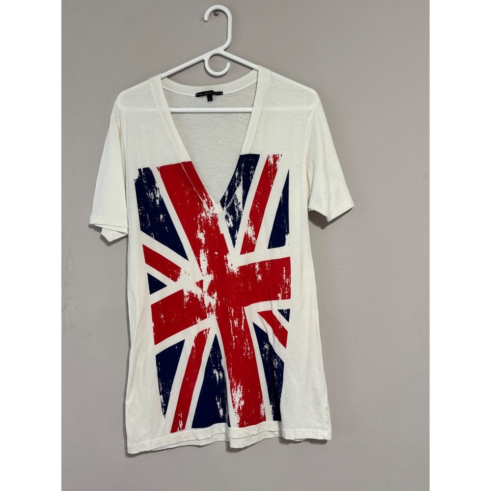 Truly Madly Deeply Union Jack Graphic V-Neck T-Shirt Cream Distressed Large